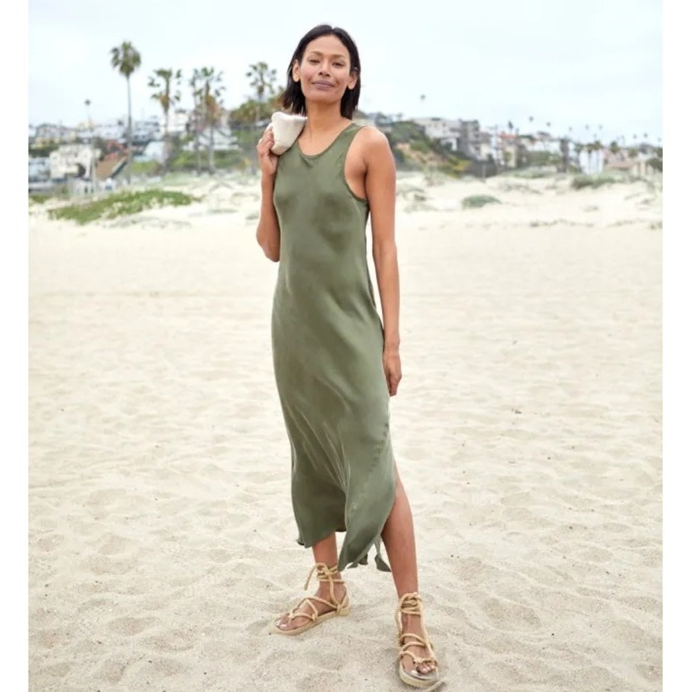 Outerknown Olive Green 100%‎ Cupro Sleeveless Side Slit Maxi Tank Dress Small